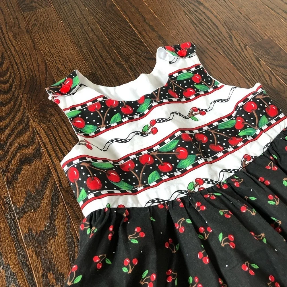Vintage Girls 8-10 Black/Red Cherries A-Line Sleeveless Midi Dress w/Pockets